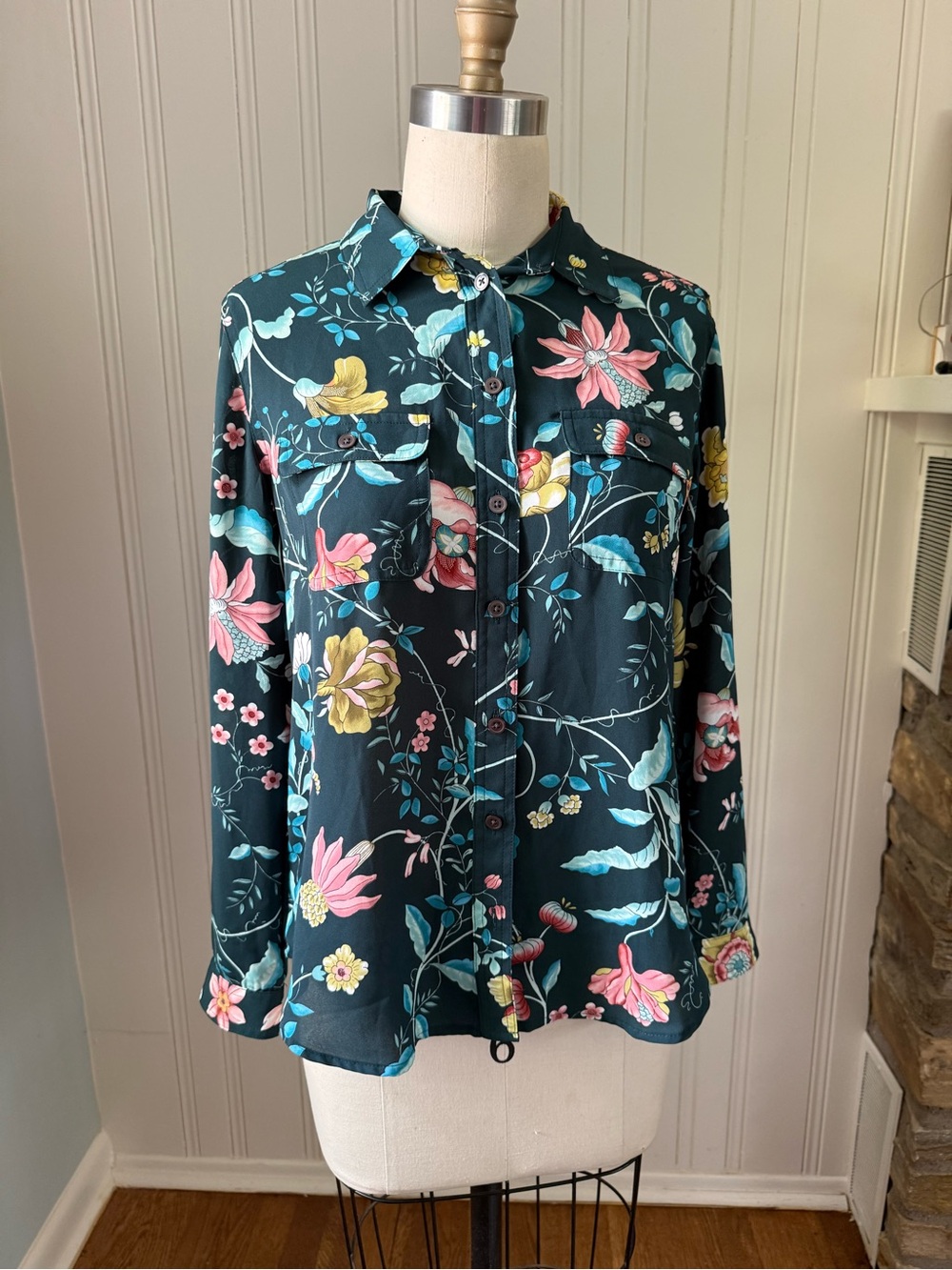 LOFT Dark Teal Floral Button-Down Shirt with Pink & Yellow Blooms